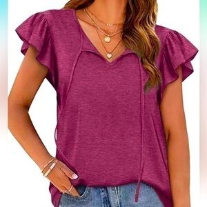 Women's Ruffle Sleeve Short Sleeve Knit Top Tie Neck Loose Fit T-Shirt - Size XL